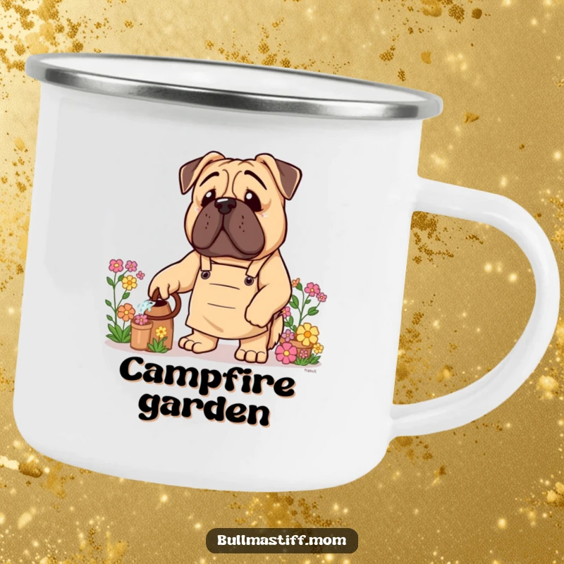 Funny Bullmastiff Camping Mug: A Bullmastiff wearing a gardening apron waters flowers in an outdoor setting.