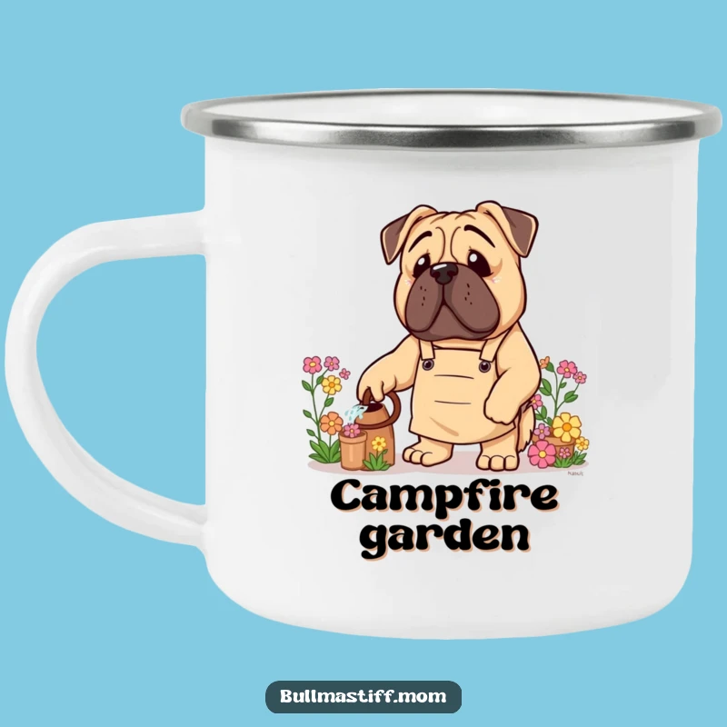Funny Bullmastiff Camping Mug: Gardener Giant with Apron, Outdoor Floral Funny Gift