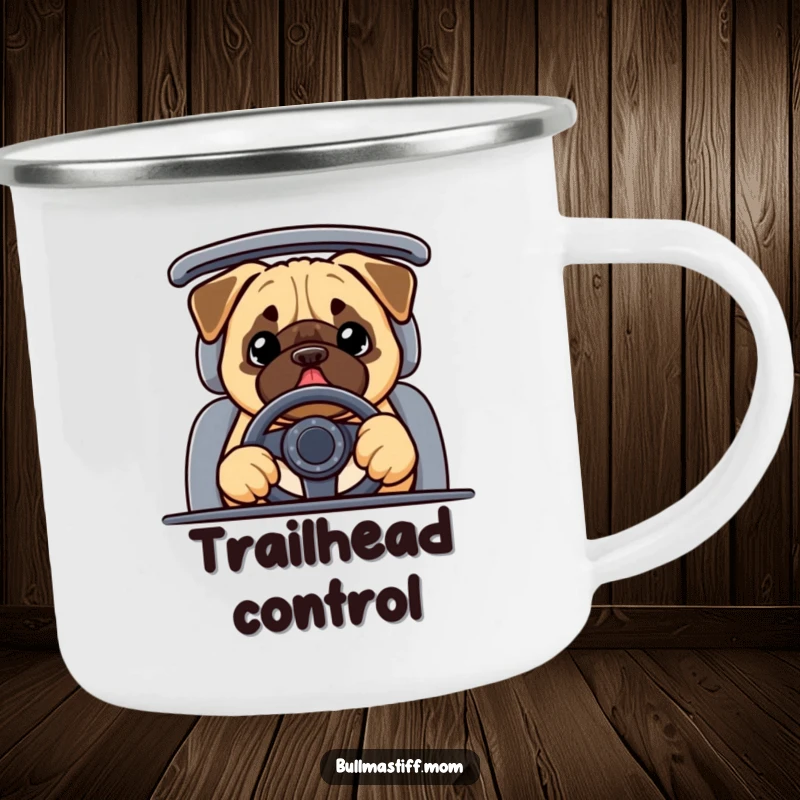 Funny Bullmastiff camping mug with a happy dog wearing a steering wheel, ideal for hiking and outdoor trips.