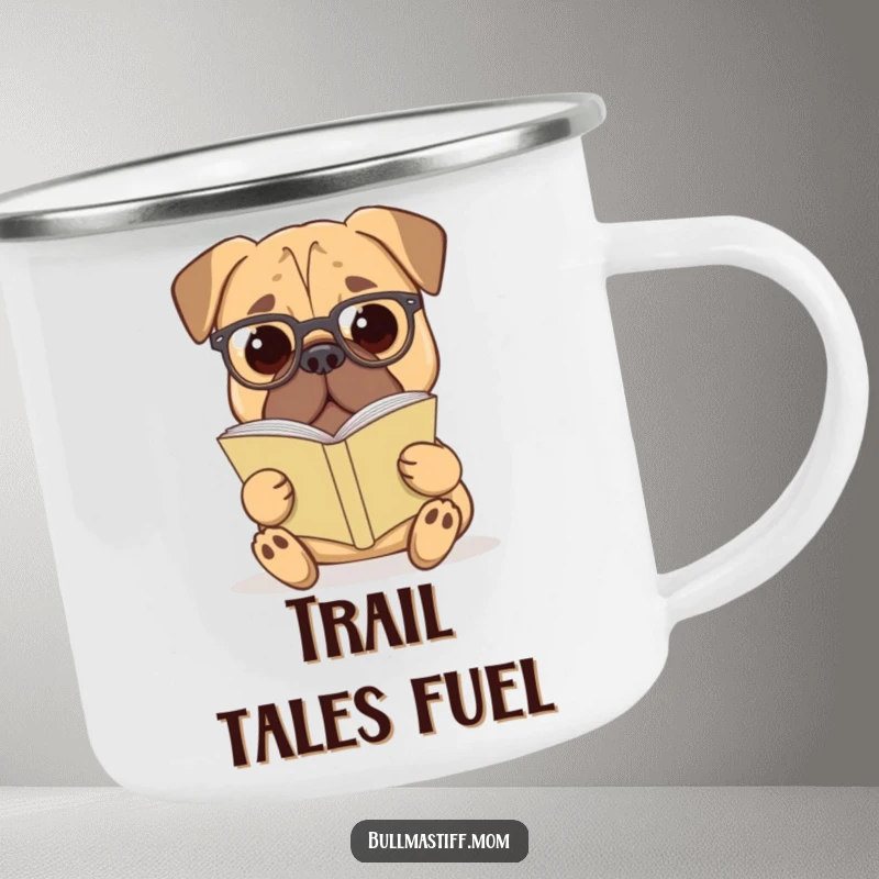 Funny Bullmastiff Camping Mug: A Bullmastiff wearing reading glasses enjoys a book by the campfire.