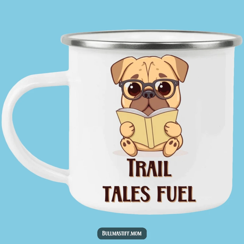 Funny Bullmastiff Camping Mug: Scholarly Giant with Specs, Literary Outdoor Funny Gift