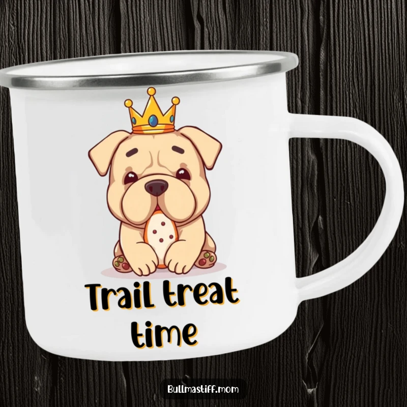 Funny Bullmastiff wearing a tiny crown, enjoying a treat, on a rugged camping mug.