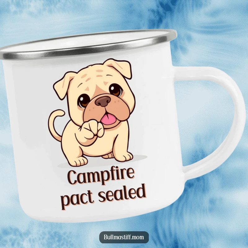 Funny Bullmastiff camping mug showing a happy dog with a wagging tail offering its paw for a handshake. Friendly outdoor gift.