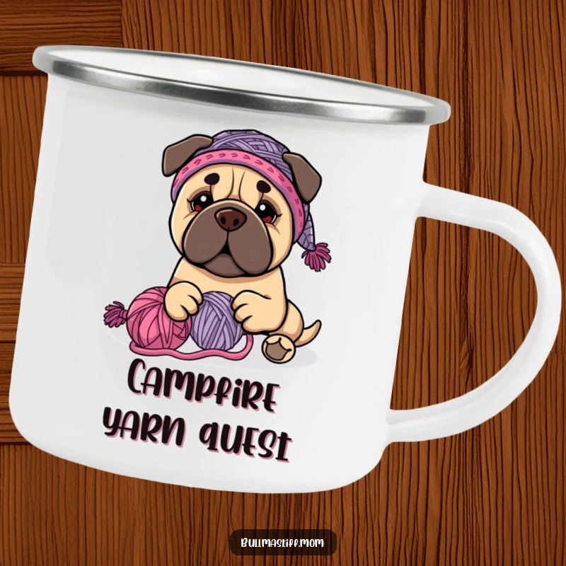 Funny Bullmastiff dog wearing a knit hat, happily playing with yarn, on a sturdy camping mug, a humorous gift.