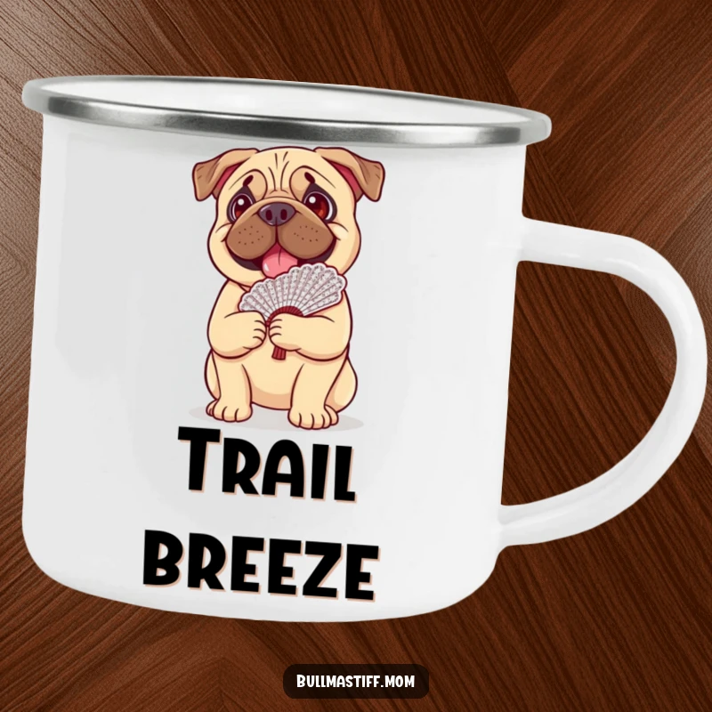 Funny Bullmastiff dog happily balancing a fancy lace fan on its head, ready for outdoor adventures on this camping mug.
