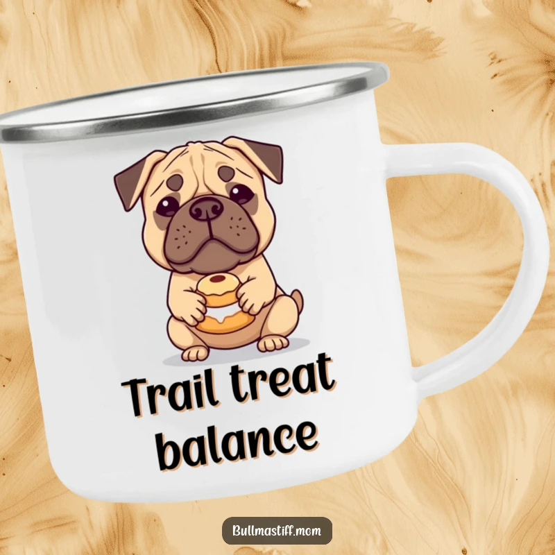 Funny Bullmastiff Camping Mug: A gentle Bullmastiff balances a pastry, bringing sweet, humorous vibes to your outdoor adventures.