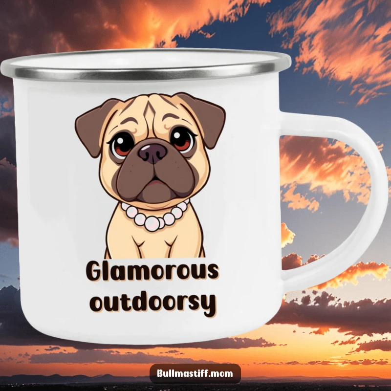 Funny Bullmastiff Camping Mug showing a large dog with kind eyes wearing a pearl necklace, designed for gentle outdoor enjoyment and humor.