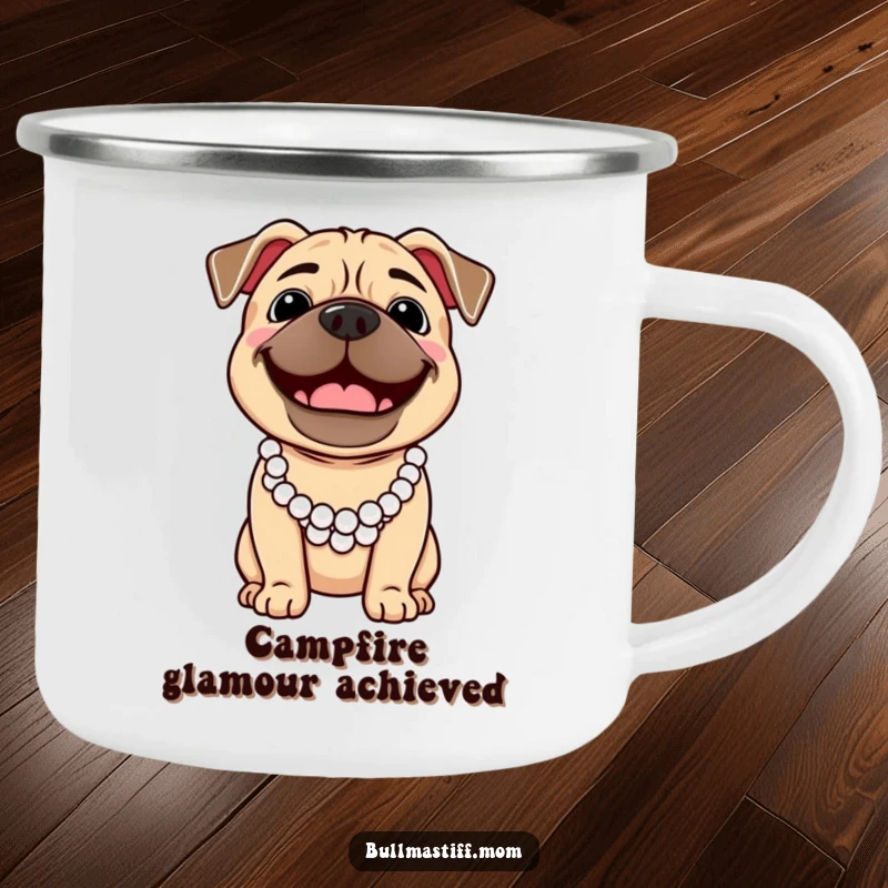 Funny Bullmastiff dog wearing a pearl necklace, smiling broadly, on a durable camping mug.