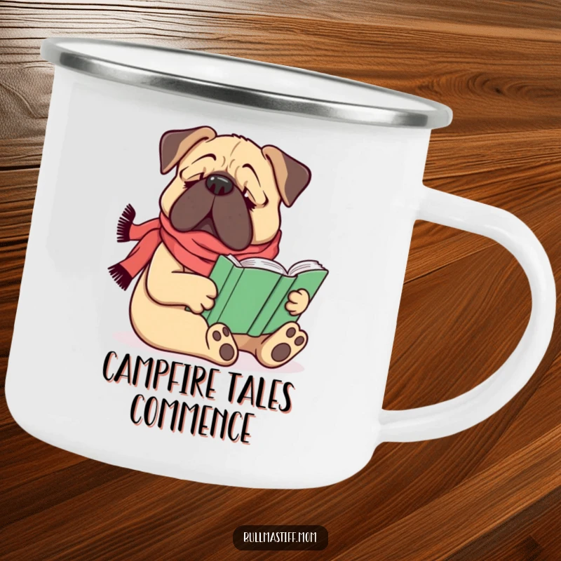 Funny Bullmastiff dog wearing a scarf, comfortably reading a book, on a sturdy camping mug, a humorous gift.
