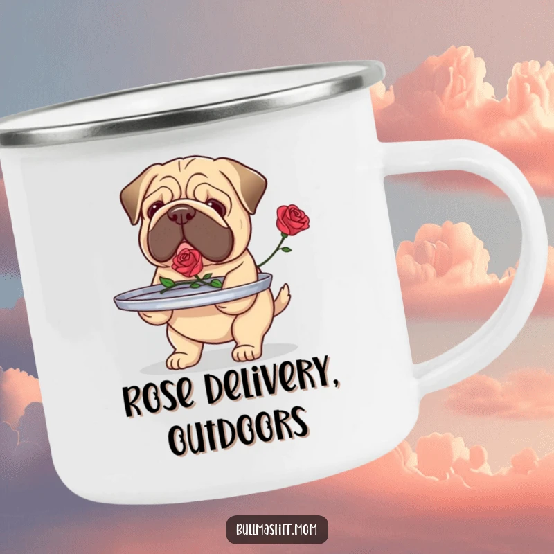 Funny Bullmastiff camping mug with a dog carefully carrying a tray with a single rose, perfect for spreading love outdoors.