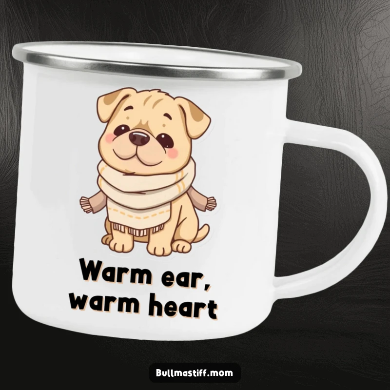 Funny Bullmastiff camping mug showing a content dog wearing a soft scarf, ideal for enjoying warm drinks outdoors. Cozy humor.