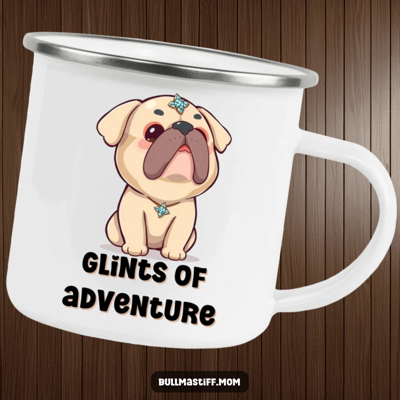 Funny Kawaii Bullmastiff Camping Mug: A super cute Bullmastiff gazes curiously at a sparkling brooch, perfect for cozy outdoor sips.