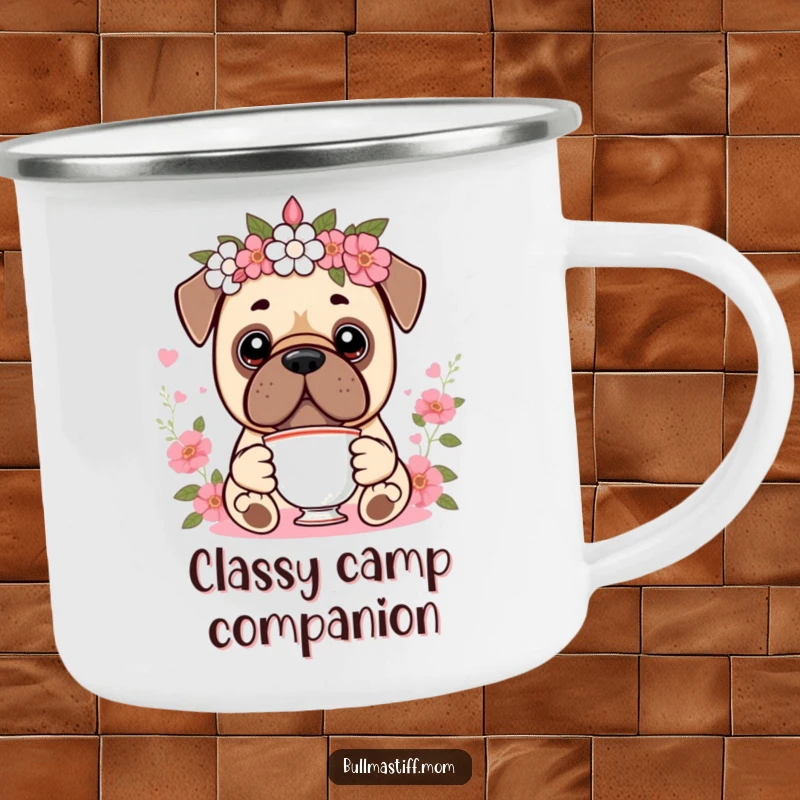 Funny Kawaii Bullmastiff Camping Mug showing a cute dog wearing a floral crown and holding a teacup, designed for elegant outdoor enjoyment.
