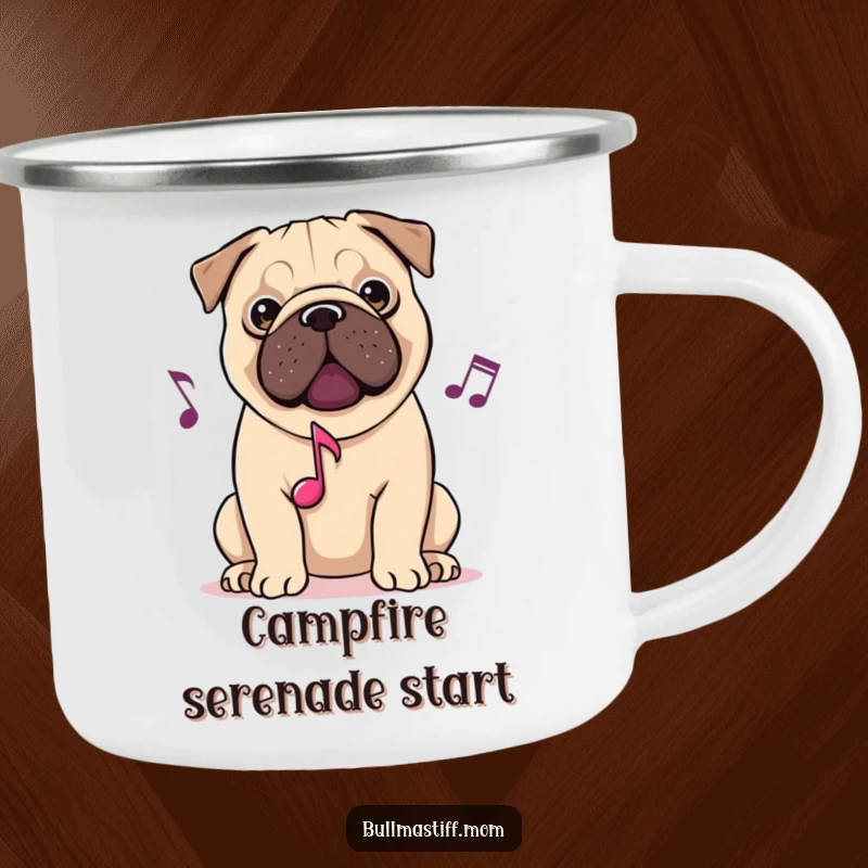 Funny camping mug with a Bullmastiff surrounded by musical notes, enjoying a tune during outdoor adventures with a happy expression.