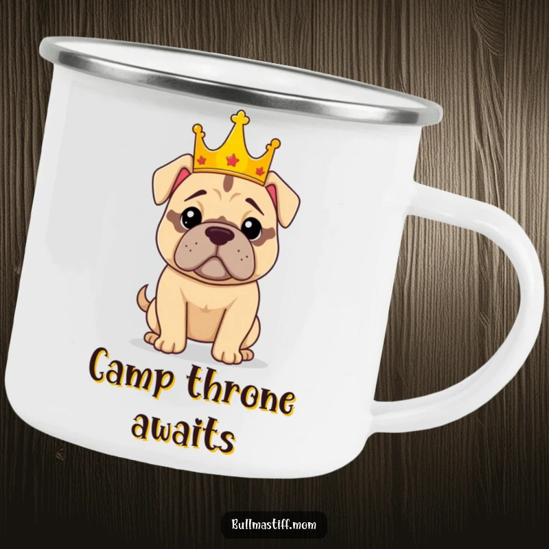 Funny camping mug with a confident Bullmastiff wearing a crown, enjoying the outdoors with a regal and happy expression.