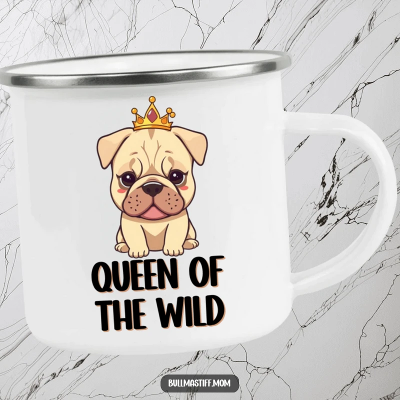 Funny Tiarad Bullmastiff camping mug with a dog wearing a small tiara, exuding calm elegance, perfect for glamorous outdoors.