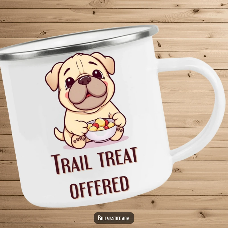 Funny Treat-Giving Bullmastiff Camping Mug: A cheerful Bullmastiff offers a treat, bringing generous vibes to outdoor adventures.