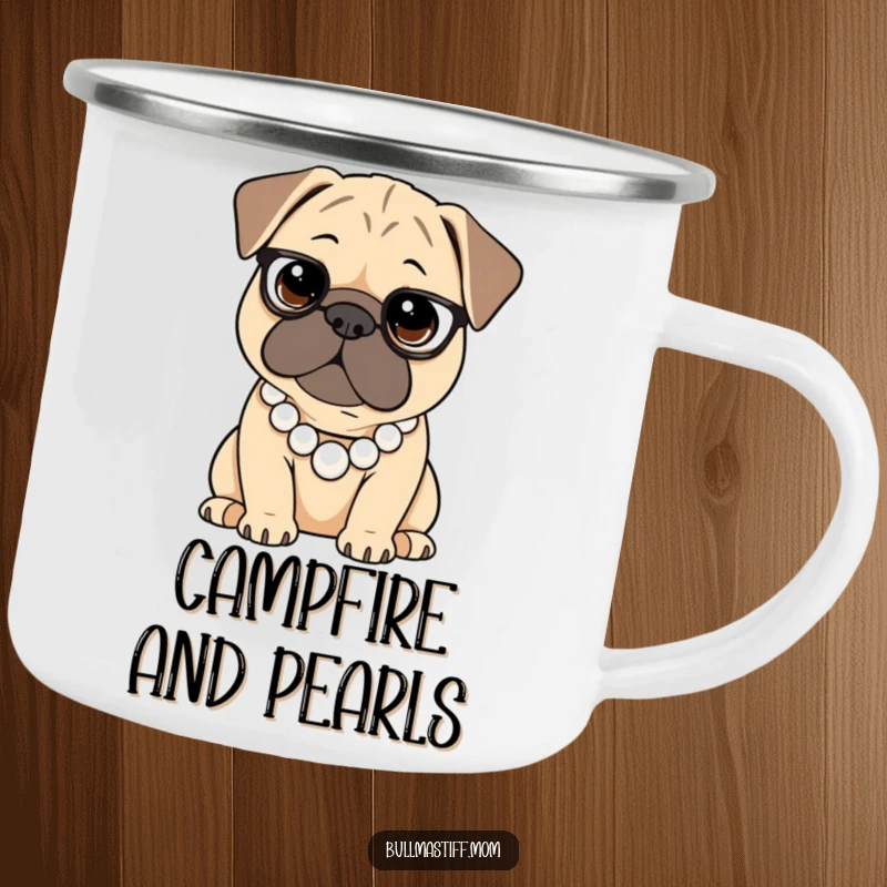Funny Bullmastiff camping mug showing a dog wearing a pearl necklace, ideal for stylish outdoor enjoyment.