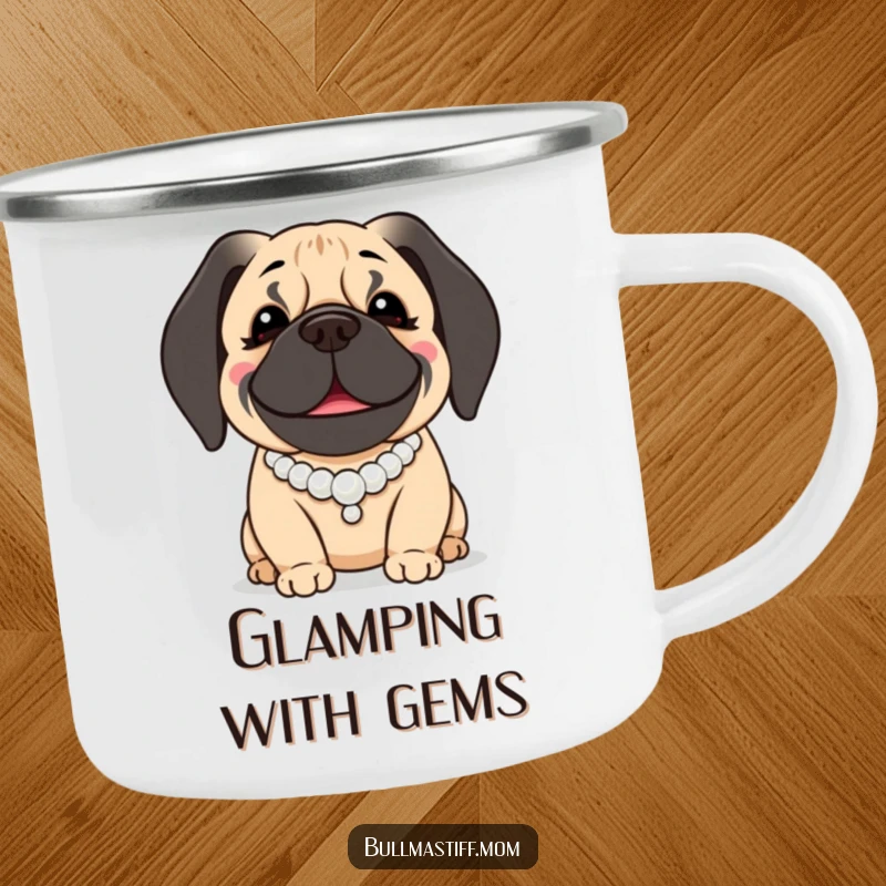Funny Bullmastiff Camping Mug: A smiling Bullmastiff adorned with pearls enjoys the great outdoors.