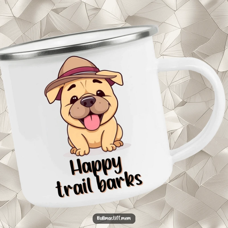 Funny Bullmastiff Camping Mug featuring a happy dog in a silly hat, joyfully barking, ideal for humorous outdoor enjoyment.