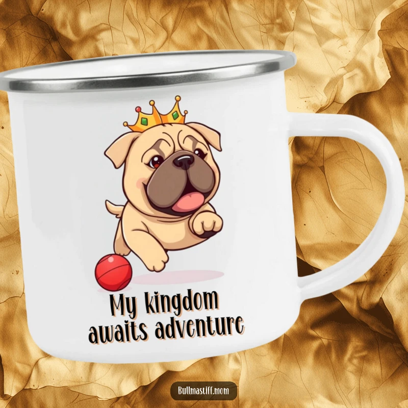 Funny Bullmastiff Camping Mug: Royal dog in a crown chasing a red ball, perfect for outdoor adventures and humor.