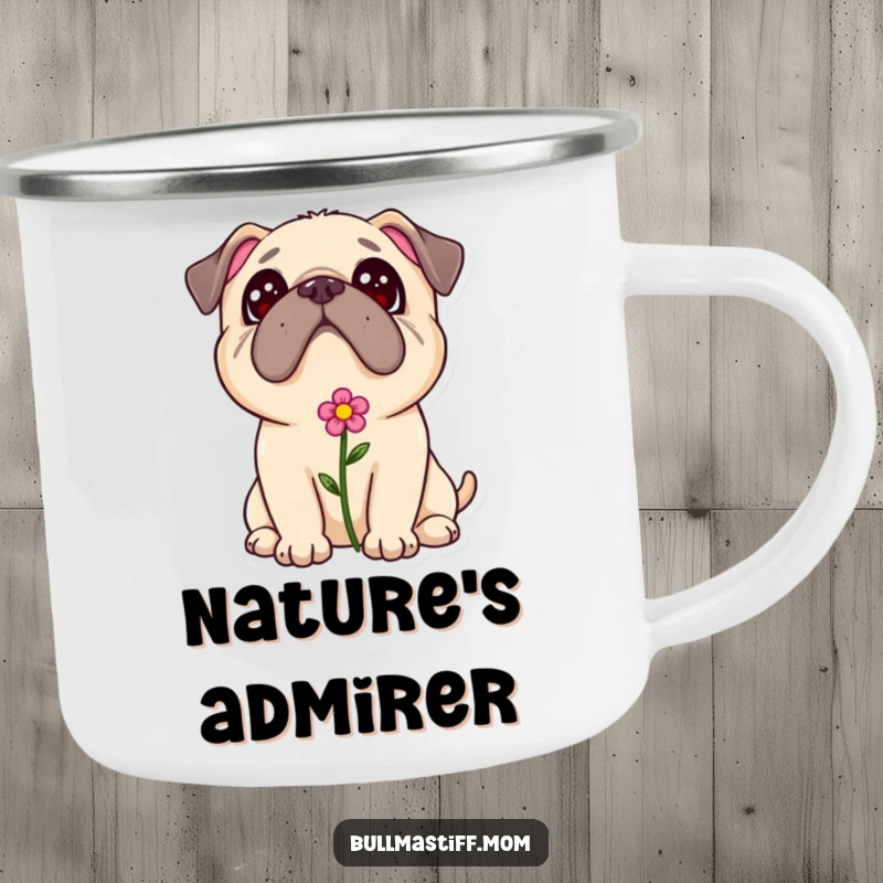 Sweet Bullmastiff flower camping mug, a dog with a flower in its fur looking up adoringly, great for outdoors.