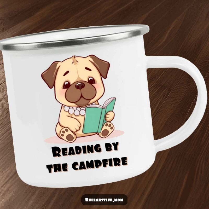 Funny Bullmastiff Camping Mug: A bullmastiff in pearls reads by a campfire, perfect for outdoor readers.