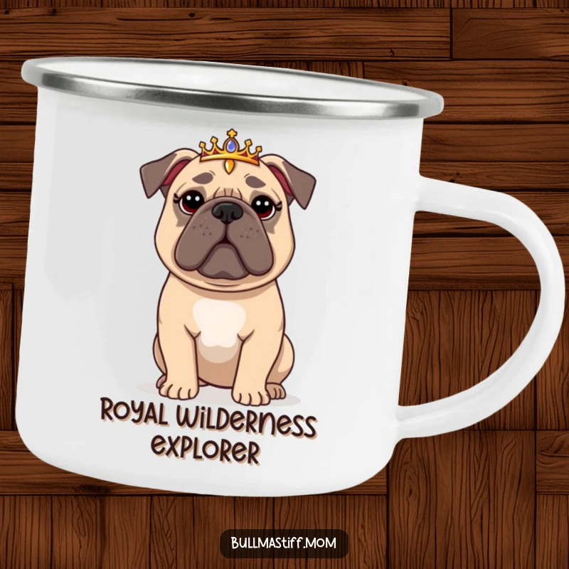 Funny Bullmastiff Camping Mug: A regal Bullmastiff wearing a tiara, perfect for a humorous and majestic outdoor gift.