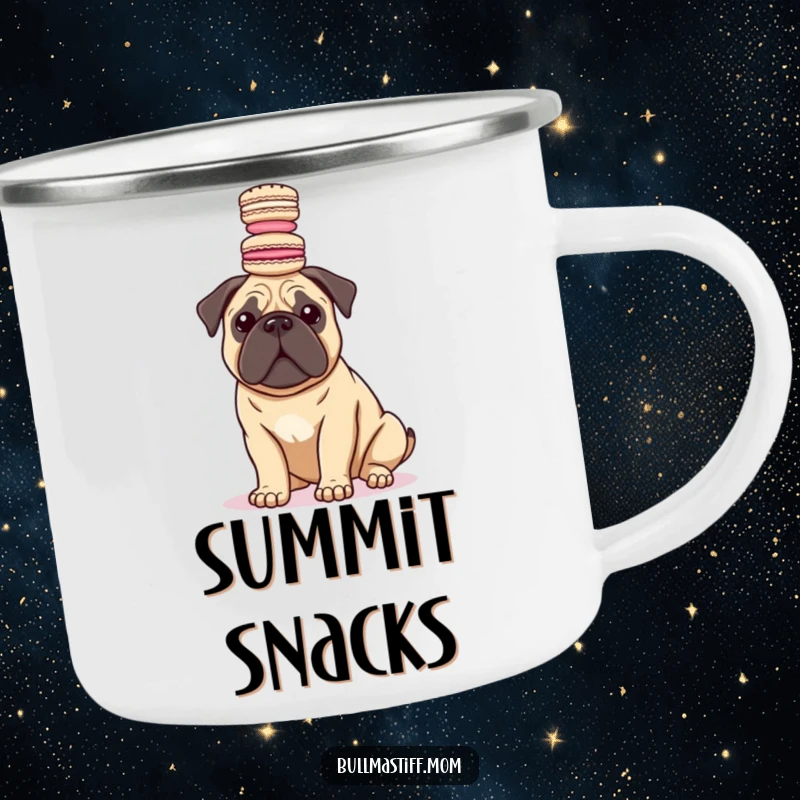 Funny Bullmastiff dog balancing macarons on its head, ready for outdoor adventures on this durable camping mug.