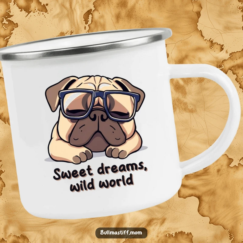 Funny Bullmastiff camping mug featuring a dog with oversized glasses, sleeping peacefully, ideal for sipping beverages outdoors.