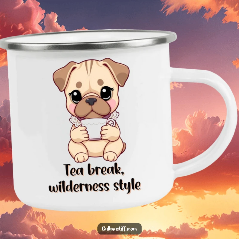 Funny Bullmastiff camping mug featuring an elegant dog in a lace collar, holding a teacup, perfect for rugged adventures with humor.