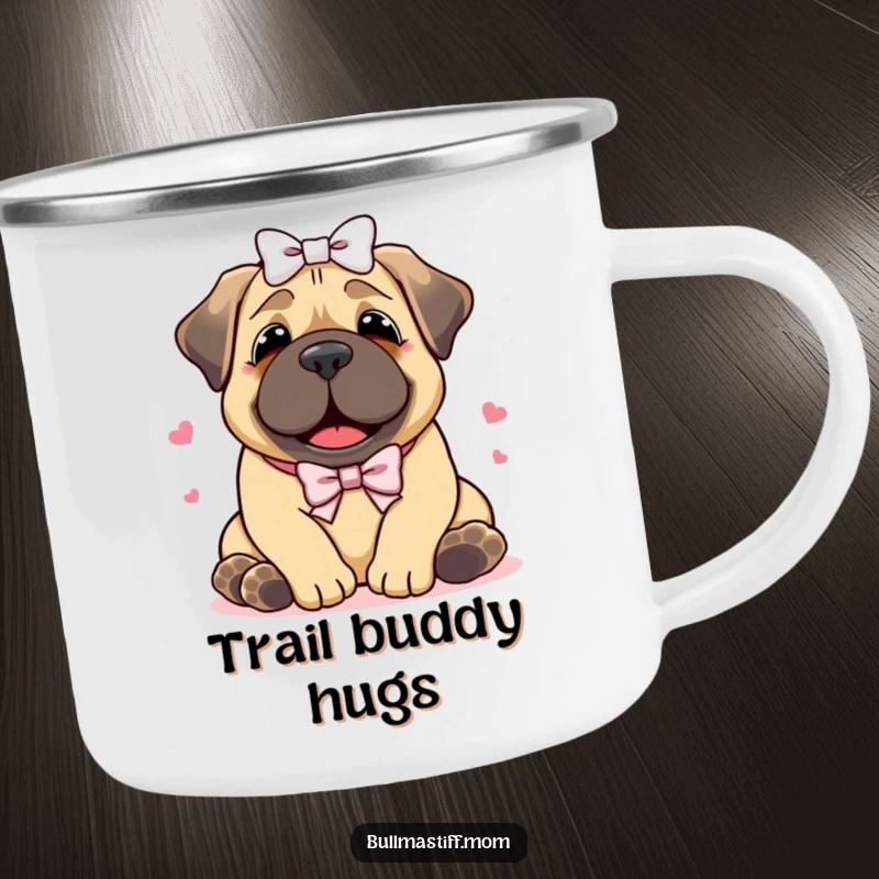 Funny Bullmastiff camping mug featuring a happy dog with a bow enjoying a hug, perfect for outdoor trips and dog enthusiasts.
