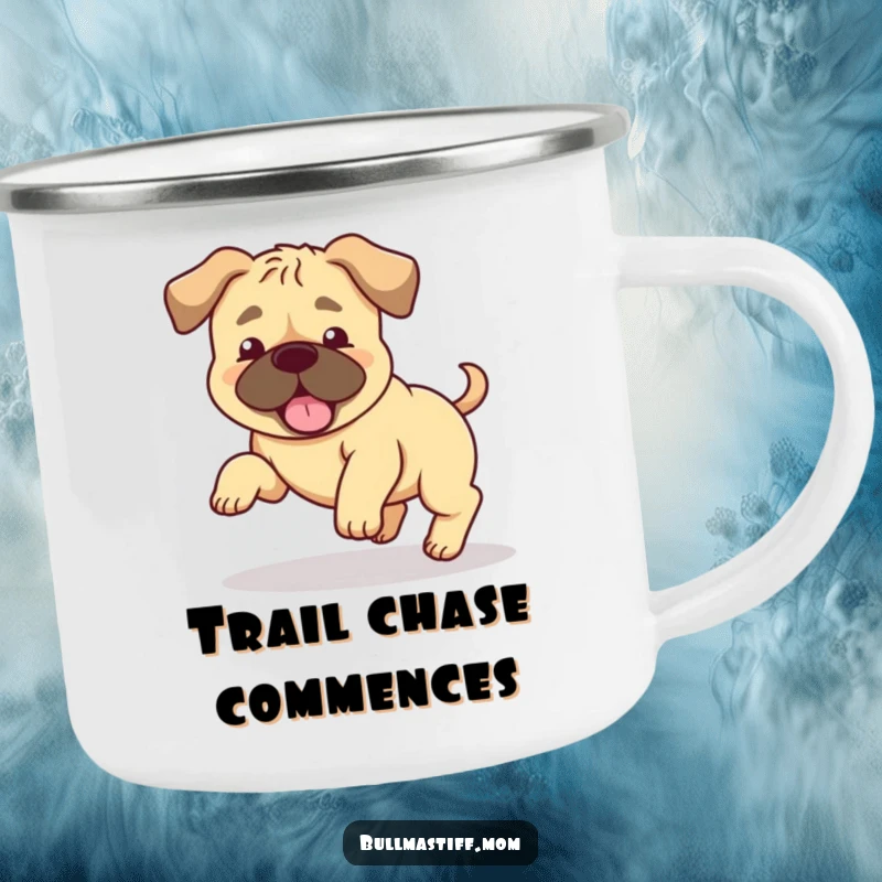 Funny Bullmastiff camping mug showing a happy dog with floppy ears chasing its tail, bringing humor to outdoor drinks. Gift.