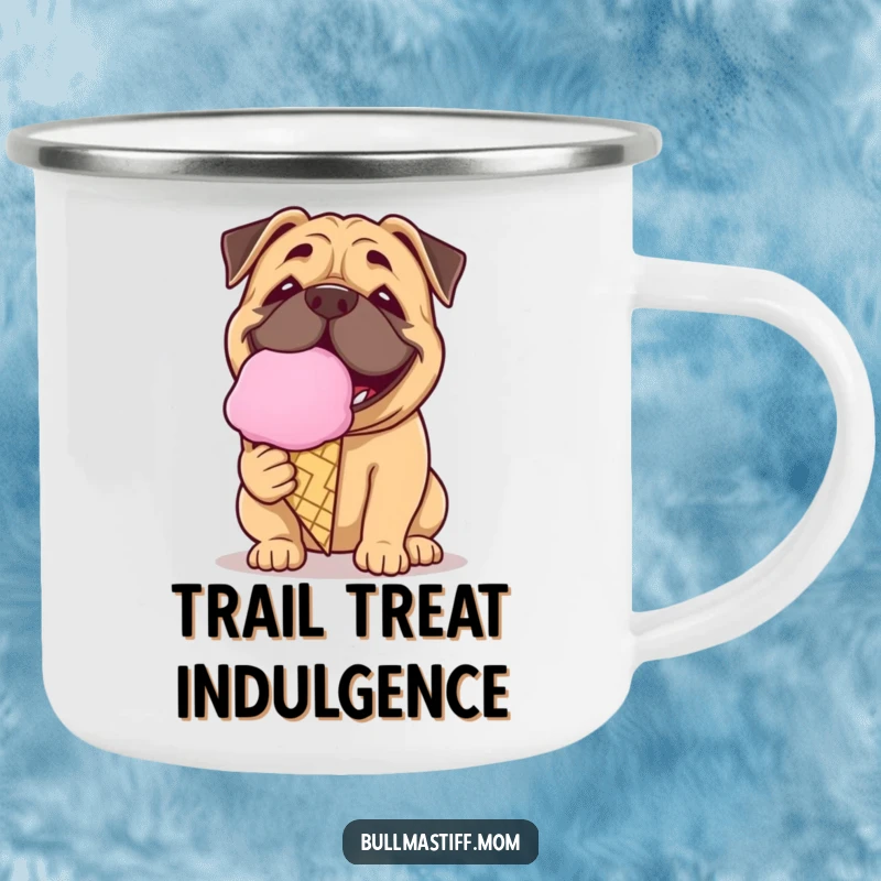 Funny Bullmastiff camping mug featuring a dog with a playful grin licking a giant ice cream cone, sweet outdoor fun.