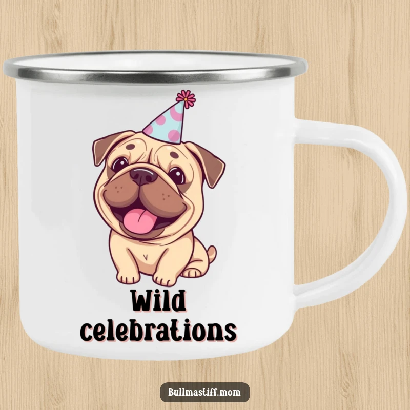 Funny Bullmastiff camping mug, a happy dog wearing a tiny party hat, great for outdoor celebrations.