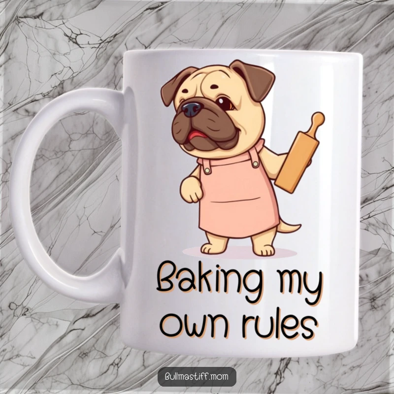 Funny Bullmastiff mug showing a dog wearing a cute apron and proudly holding a rolling pin, ready to bake.