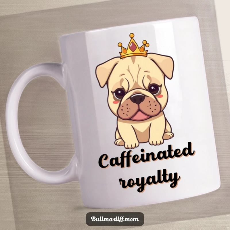 Funny Tiarad Bullmastiff mug featuring a dog wearing a small tiara, exuding calm elegance and gentle humor.