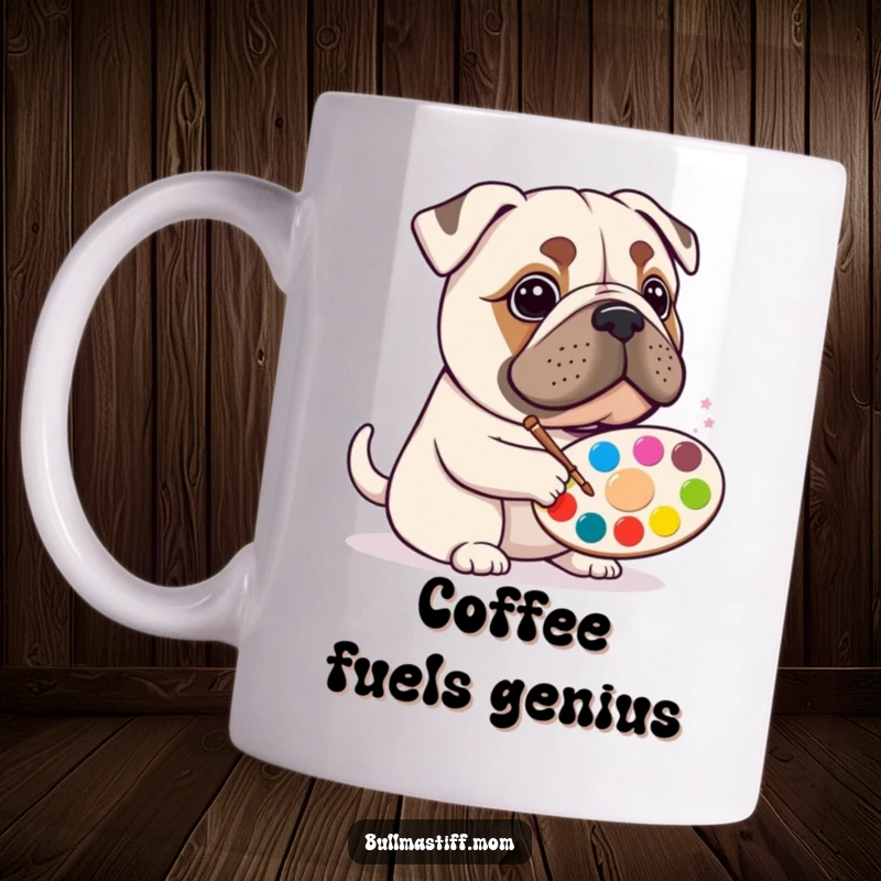 Funny Bullmastiff mug showing a happy dog holding a paint palette, ready to create colorful art.