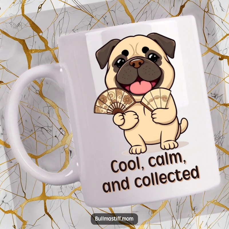 Funny Bullmastiff Mug: A cheerful bullmastiff holds a small, ornate fan, exuding happiness.