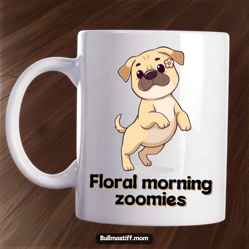 Funny Bullmastiff mug showcasing a dog with a flower in its ear, prancing gracefully with a playful and charming expression.
