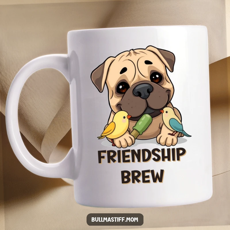 Funny Bullmastiff Mug with a gentle smile, sharing a chew toy with a tiny bird, showcasing interspecies friendship and humor.