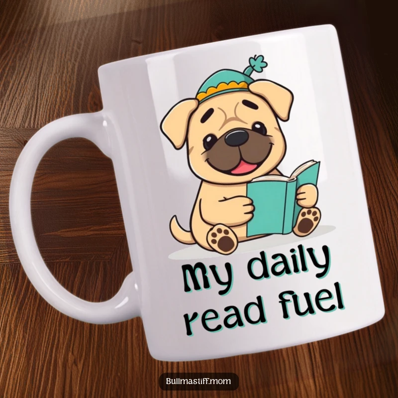 Funny Bookish Bullmastiff Mug: A smiling Bullmastiff wears a decorative hat and happily reads a book, exuding scholarly charm.