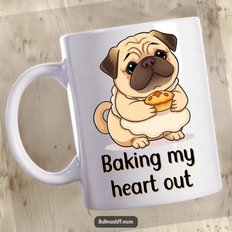Funny Bullmastiff mug showing a dog in a fluffy apron, gently cradling a tiny pie, the epitome of baking cuteness.