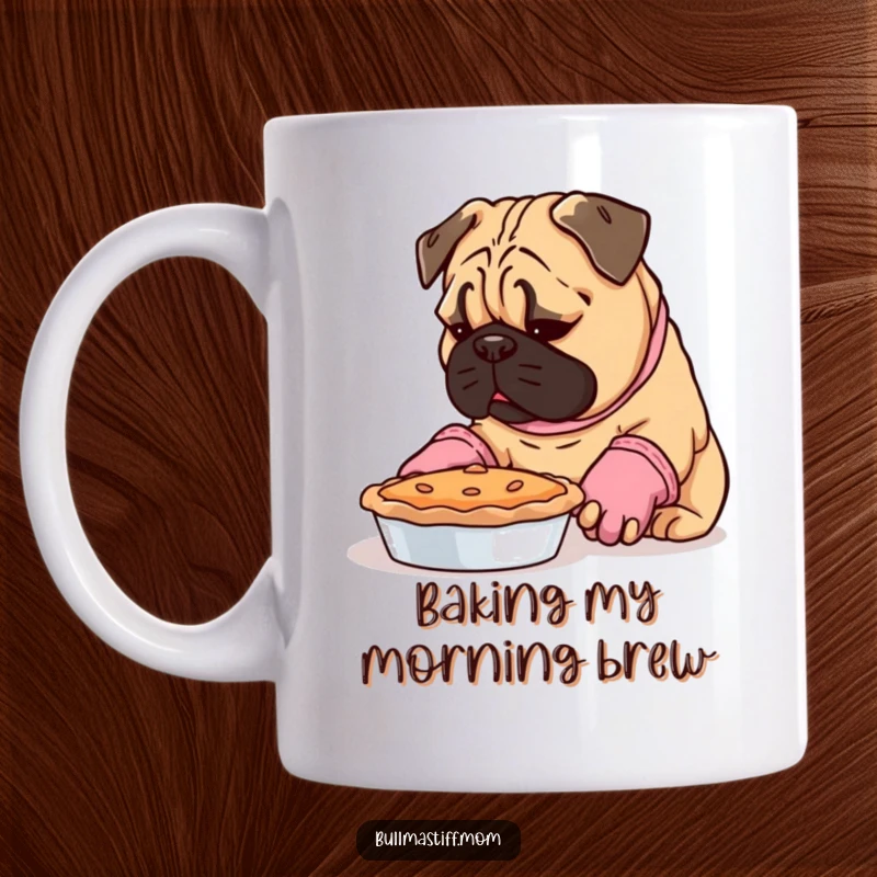 Funny Bullmastiff wearing oven mitts, cautiously inspecting a freshly baked pie with a curious expression.