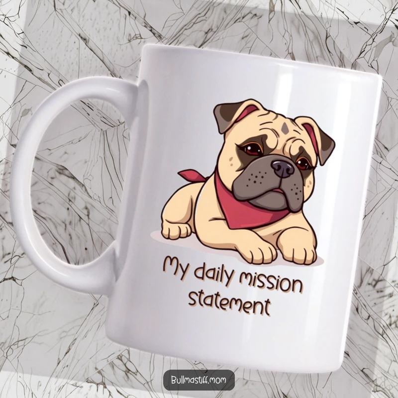 Funny Bullmastiff mug featuring a dog in a bandana lounging with a satisfied sigh, perfect for coffee lovers.
