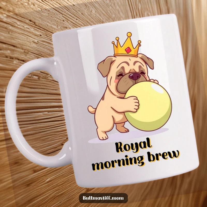 Funny Bullmastiff wearing a crown, playfully nudging a huge ball, looking majestic and fun on a mug.