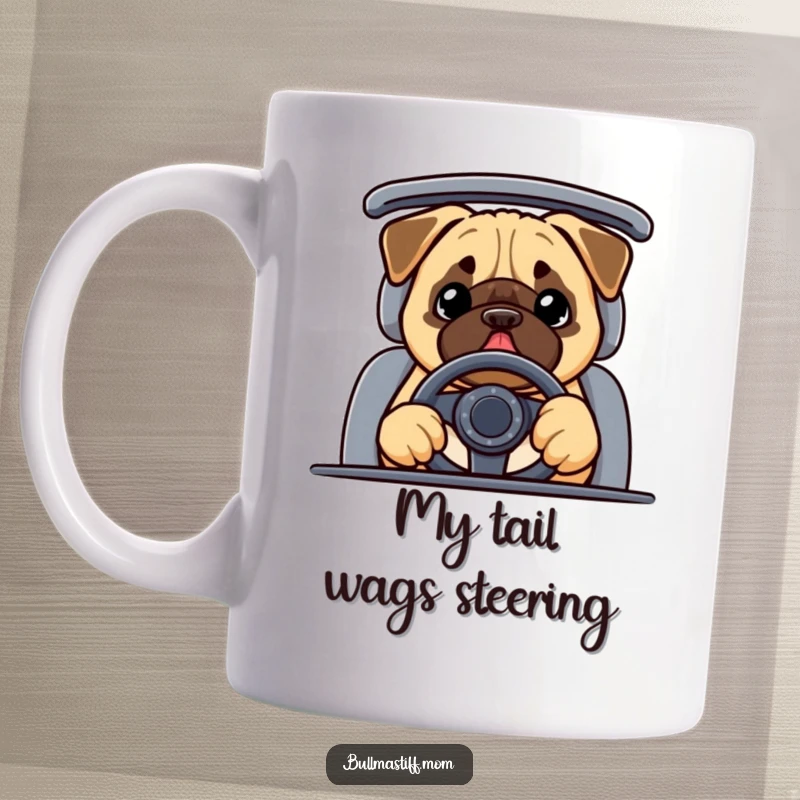 Funny Bullmastiff mug showing a happy dog wearing a steering wheel, ready for a fun road trip adventure.