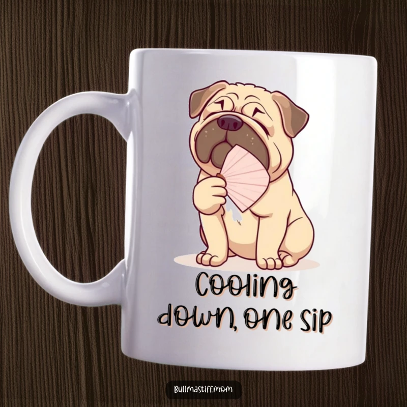 Funny Bullmastiff mug showing a large dog gracefully fanning itself with a delicate fan, looking regal and amused.