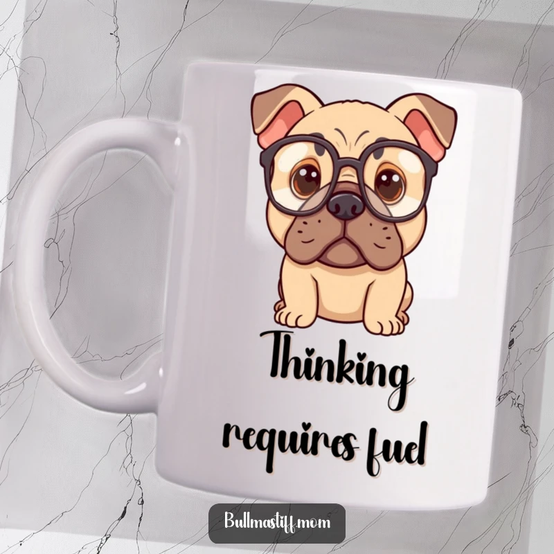 Funny Bullmastiff character wearing oversized spectacles, looking deeply thoughtful and pensive in this mug design.