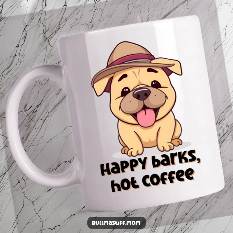 Funny Bullmastiff Mug with a silly hat, happily barking, radiating pure canine joy and humor.